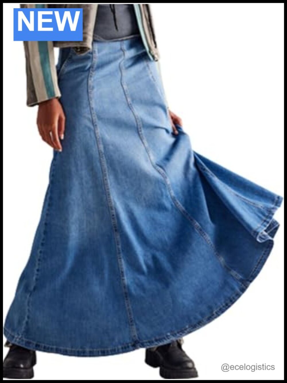 Plus Size Denim Maxi Skirt High Waisted A-Line Flared Jean Skirt Pockets